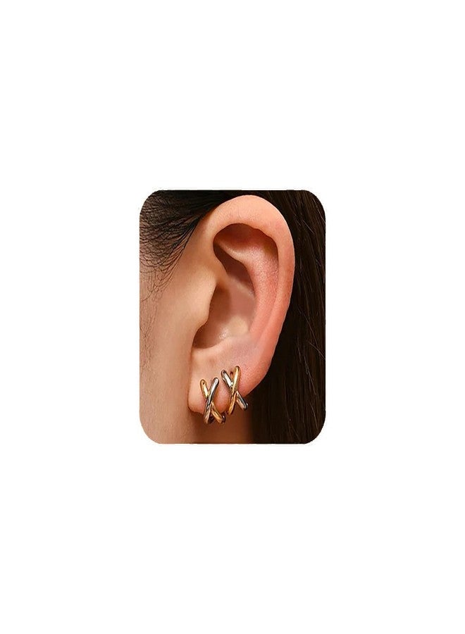 أقراط حلقية مطلية بالذهب عيار 14 قيراطًا على شكل حرف X للنساء، أقراط حلقية صغيرة بتصميم بسيط للنساء - Image 1